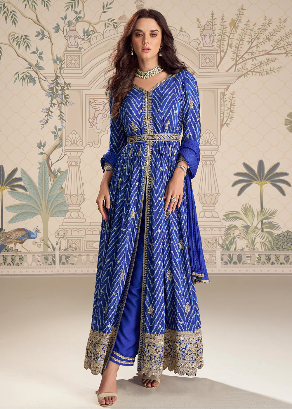 Blue Chinnon Silk Slit Frock Style Anarkali Dress