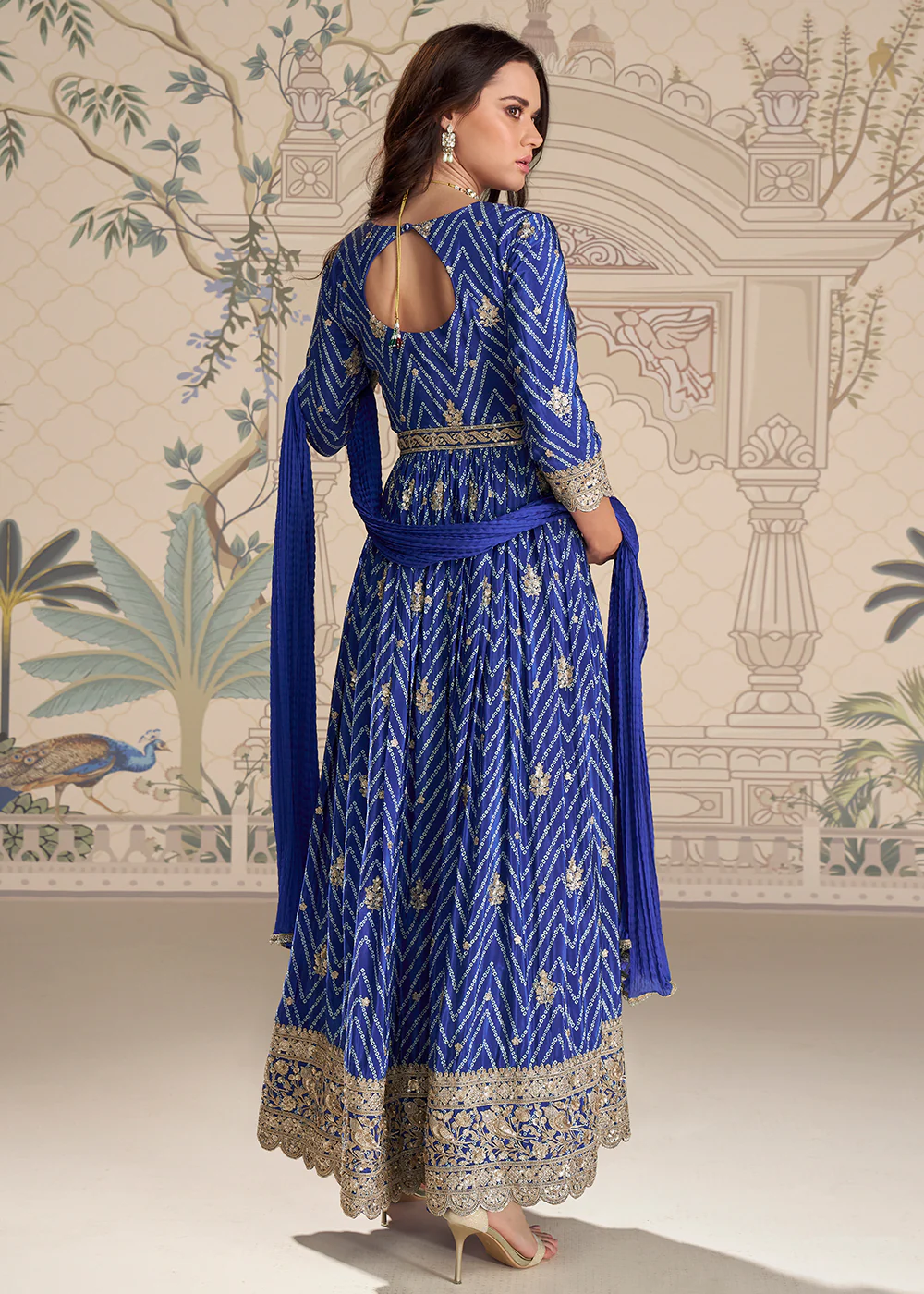 Blue Chinnon Silk Slit Frock Style Anarkali Dress - Image 3