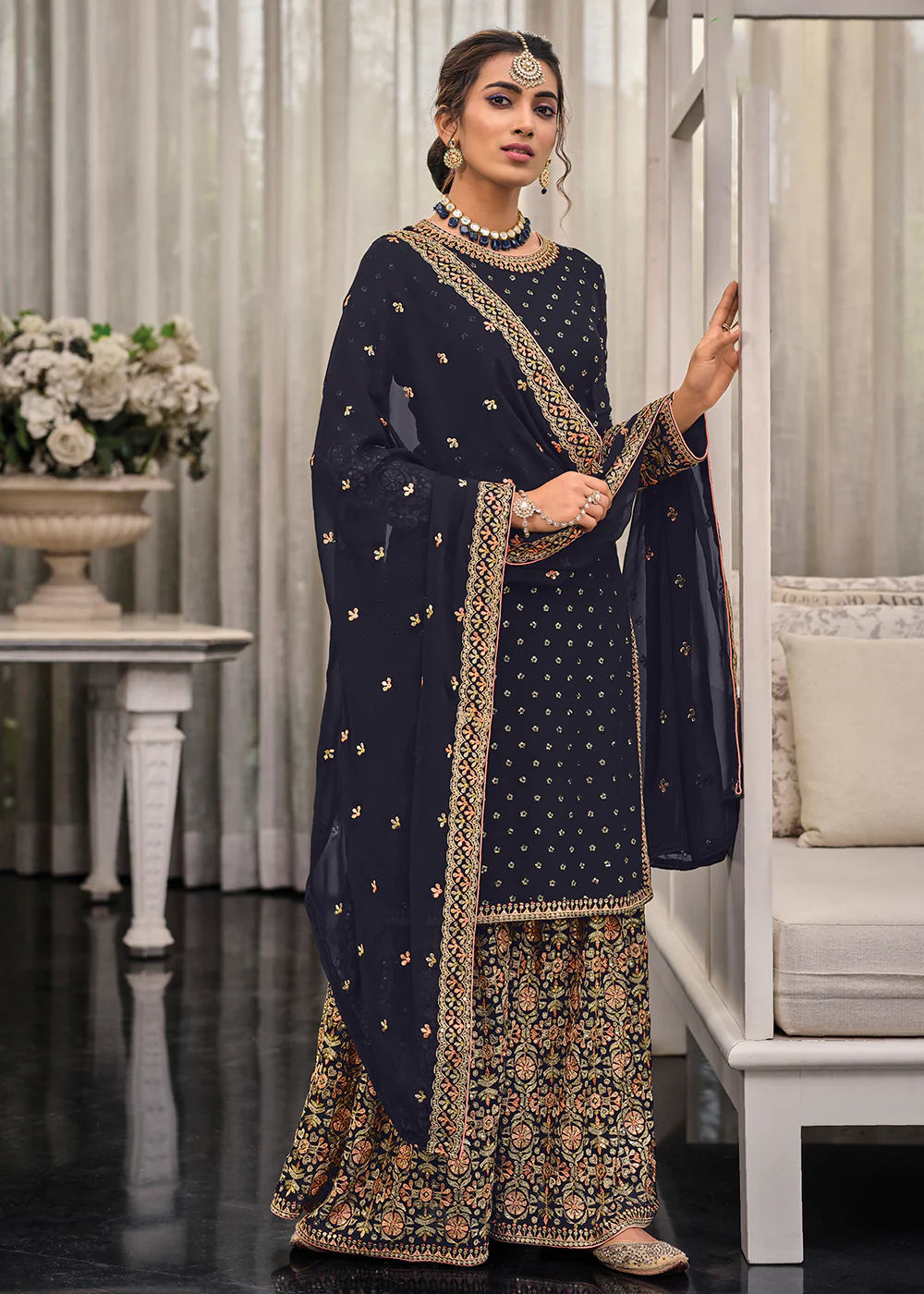 Blue Chinon & Georgette Designer Palazzo Salwar Suit