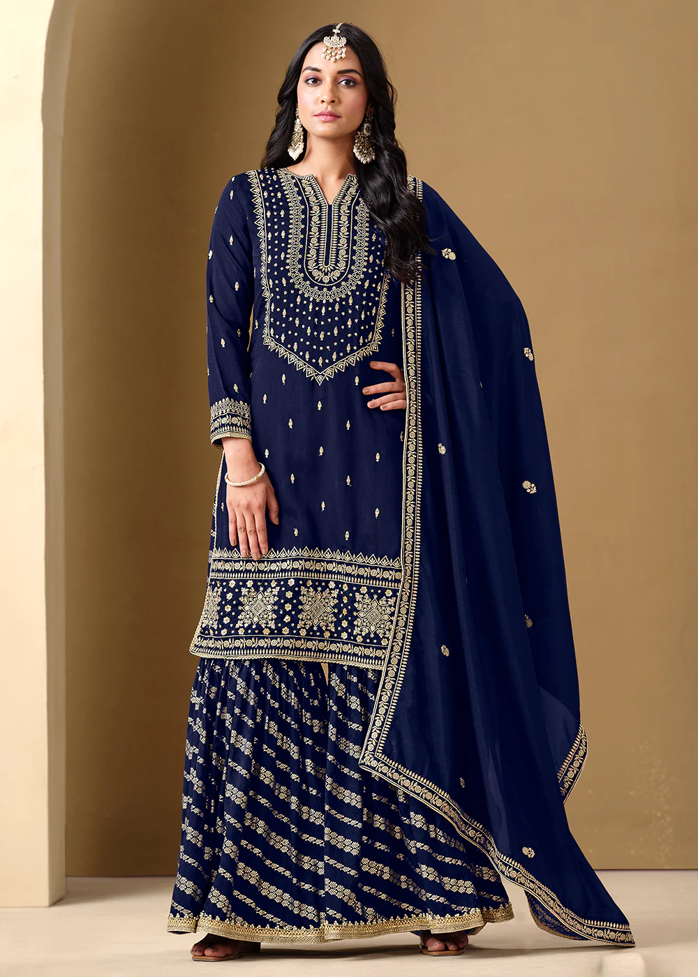 Blue Color Embroidered Art Silk Gharara Style Suit - Image 4
