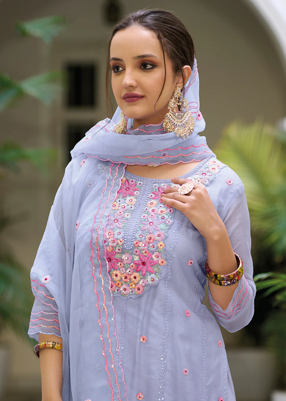 Blue Color Embroidered Organza Pant Style Salwar Suit - Image 2