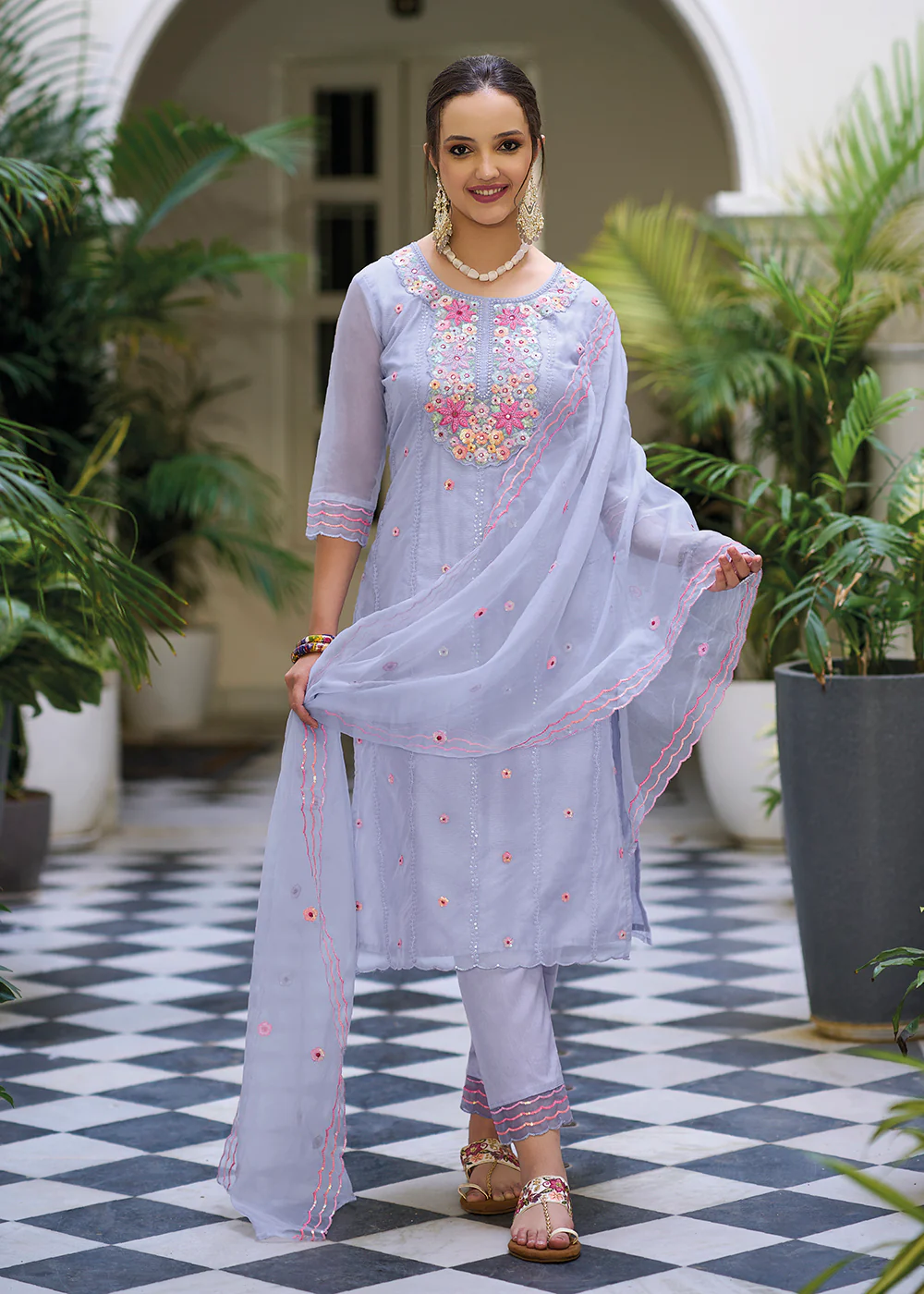 Blue Color Embroidered Organza Pant Style Salwar Suit - Image 3