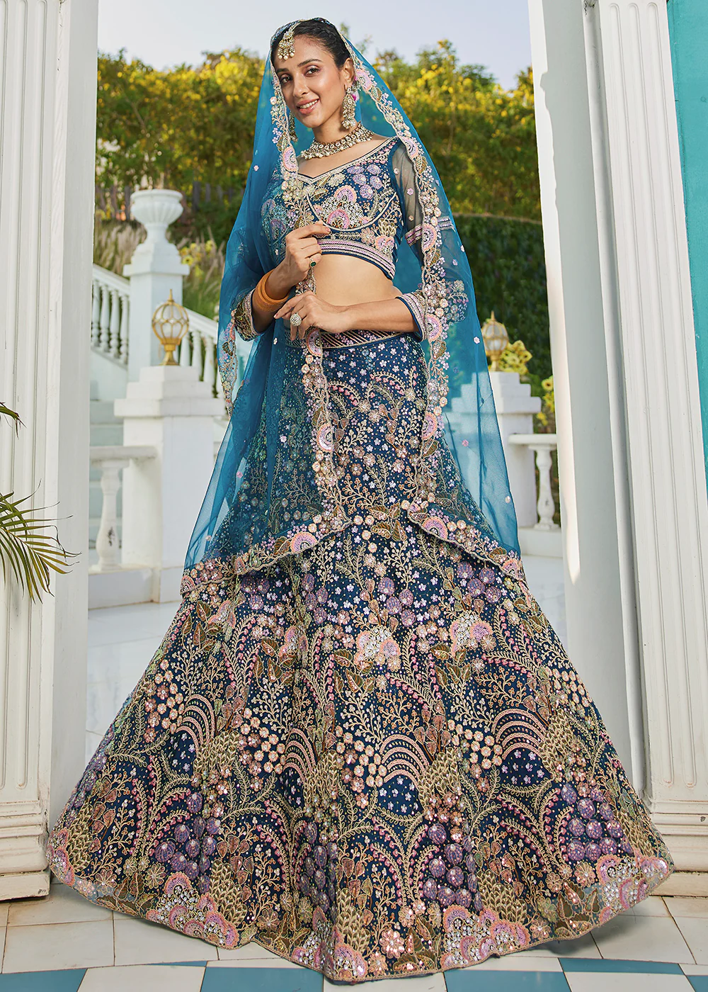 Blue Cording & Sequins Embroidered Net Lehenga Choli - Image 4