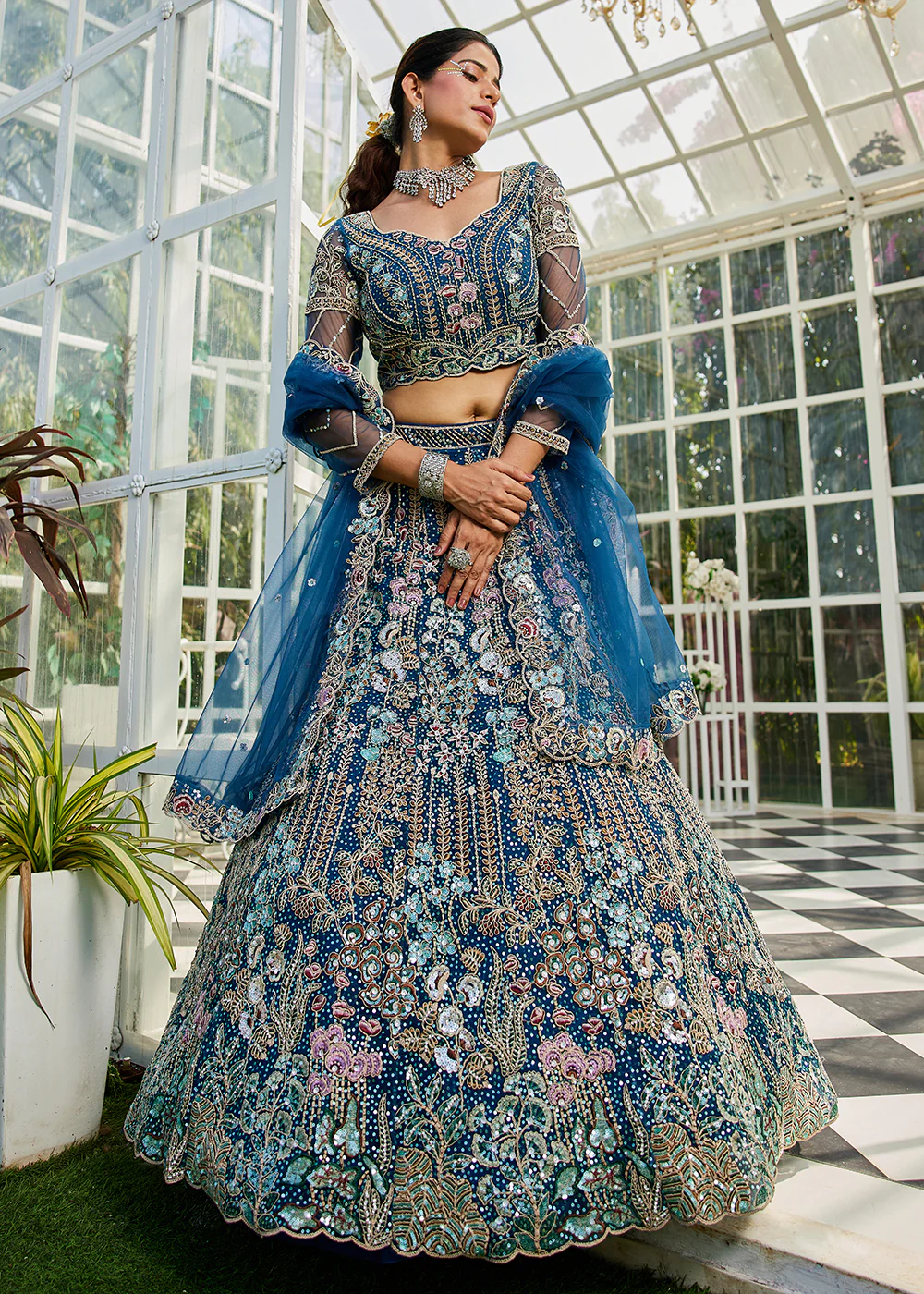 Blue Cording & Zarkan Embroidered Net Lehenga Choli
