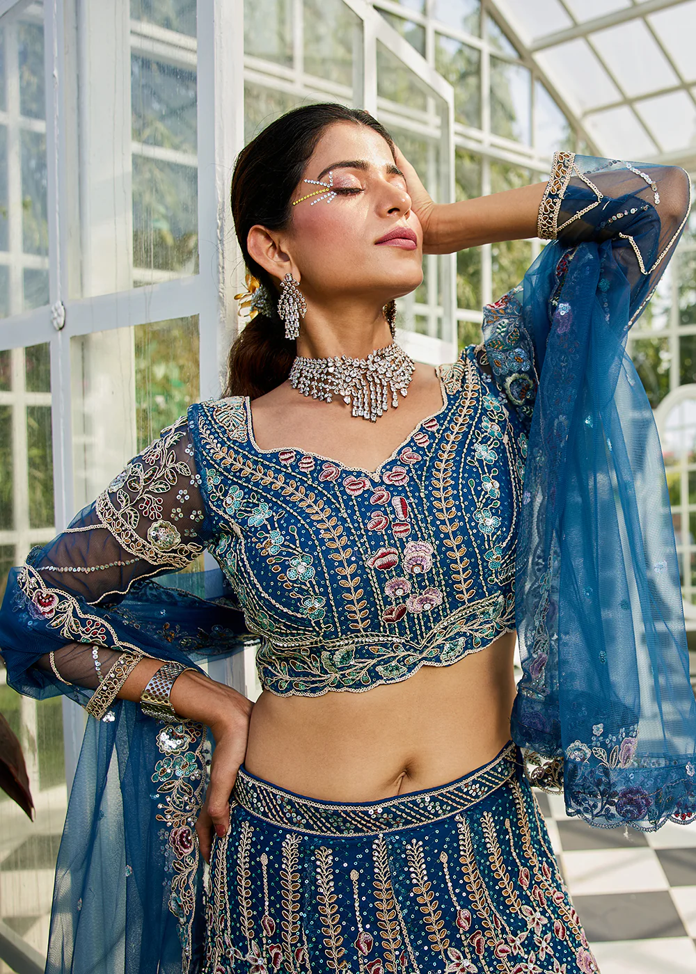 Blue Cording & Zarkan Embroidered Net Lehenga Choli - Image 2