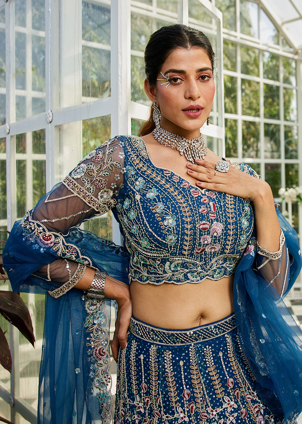 Blue Cording & Zarkan Embroidered Net Lehenga Choli - Image 5