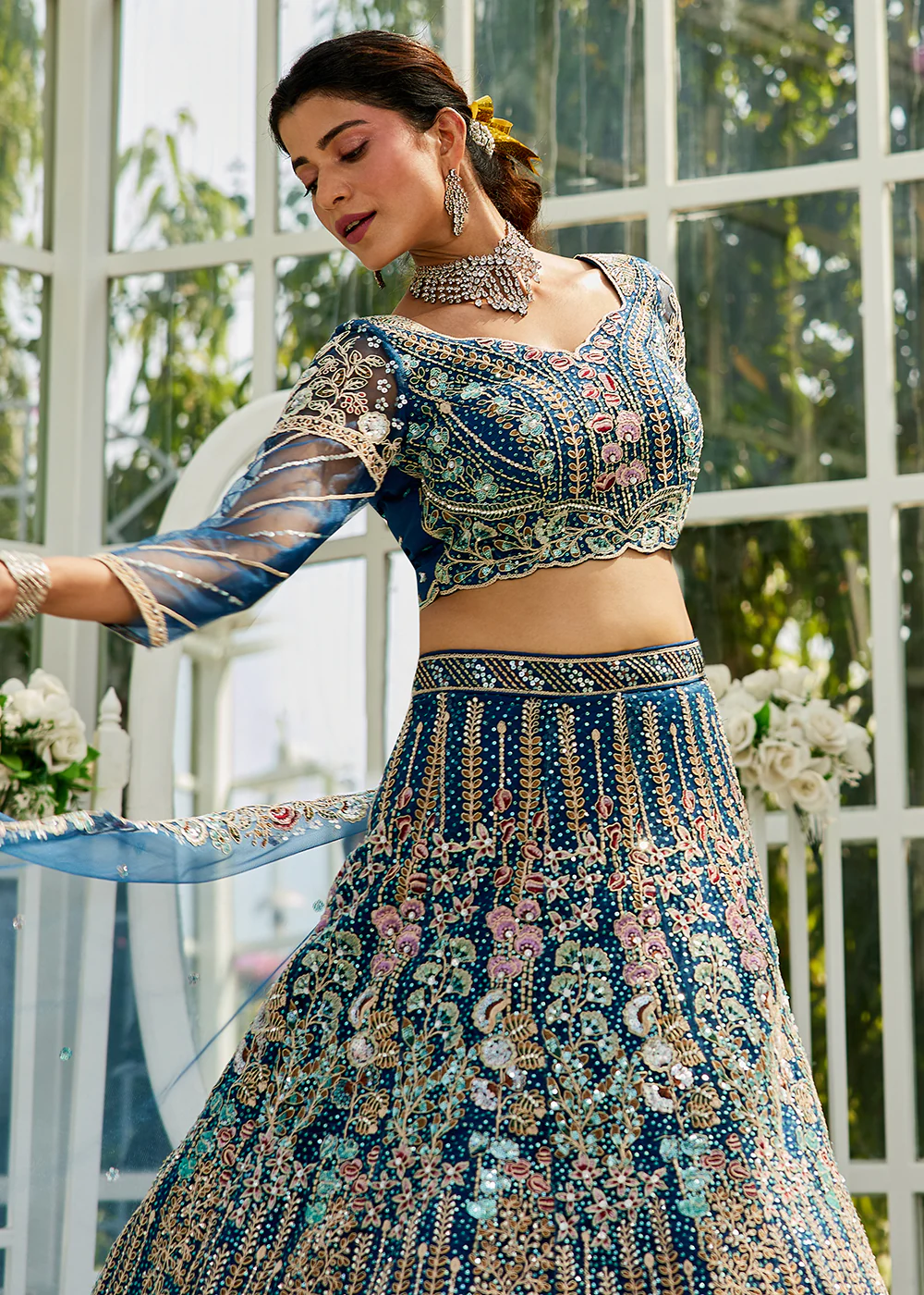 Blue Cording & Zarkan Embroidered Net Lehenga Choli - Image 6