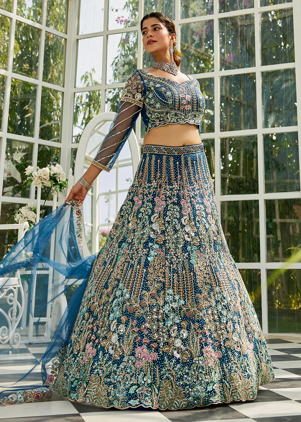 Blue Cording & Zarkan Embroidered Net Lehenga Choli - Image 7