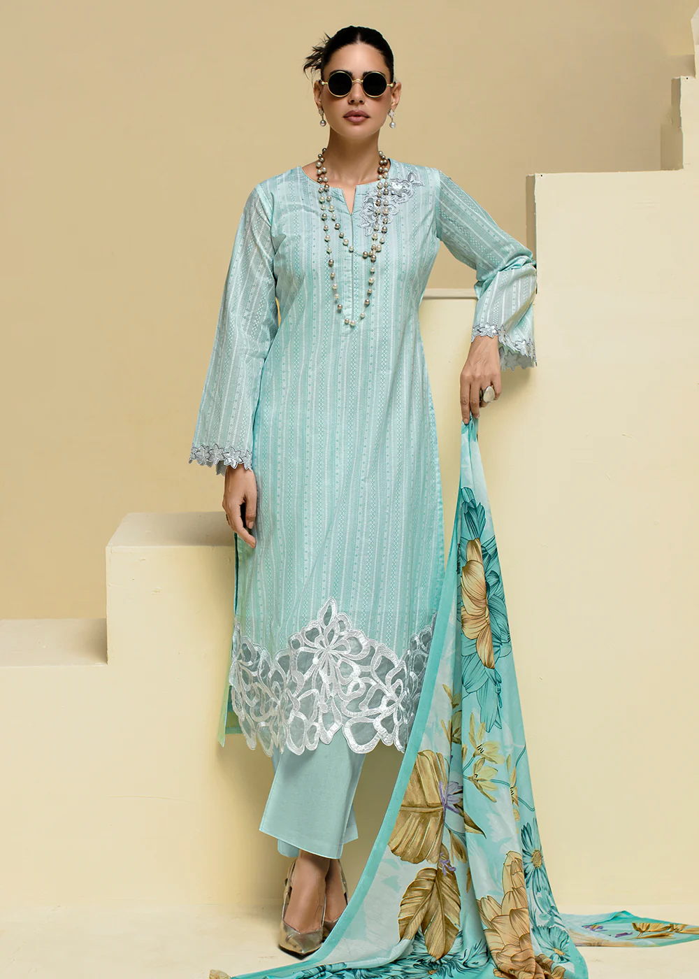 Blue Cotton Lawn Khadi Printed Festive Salwar Suit