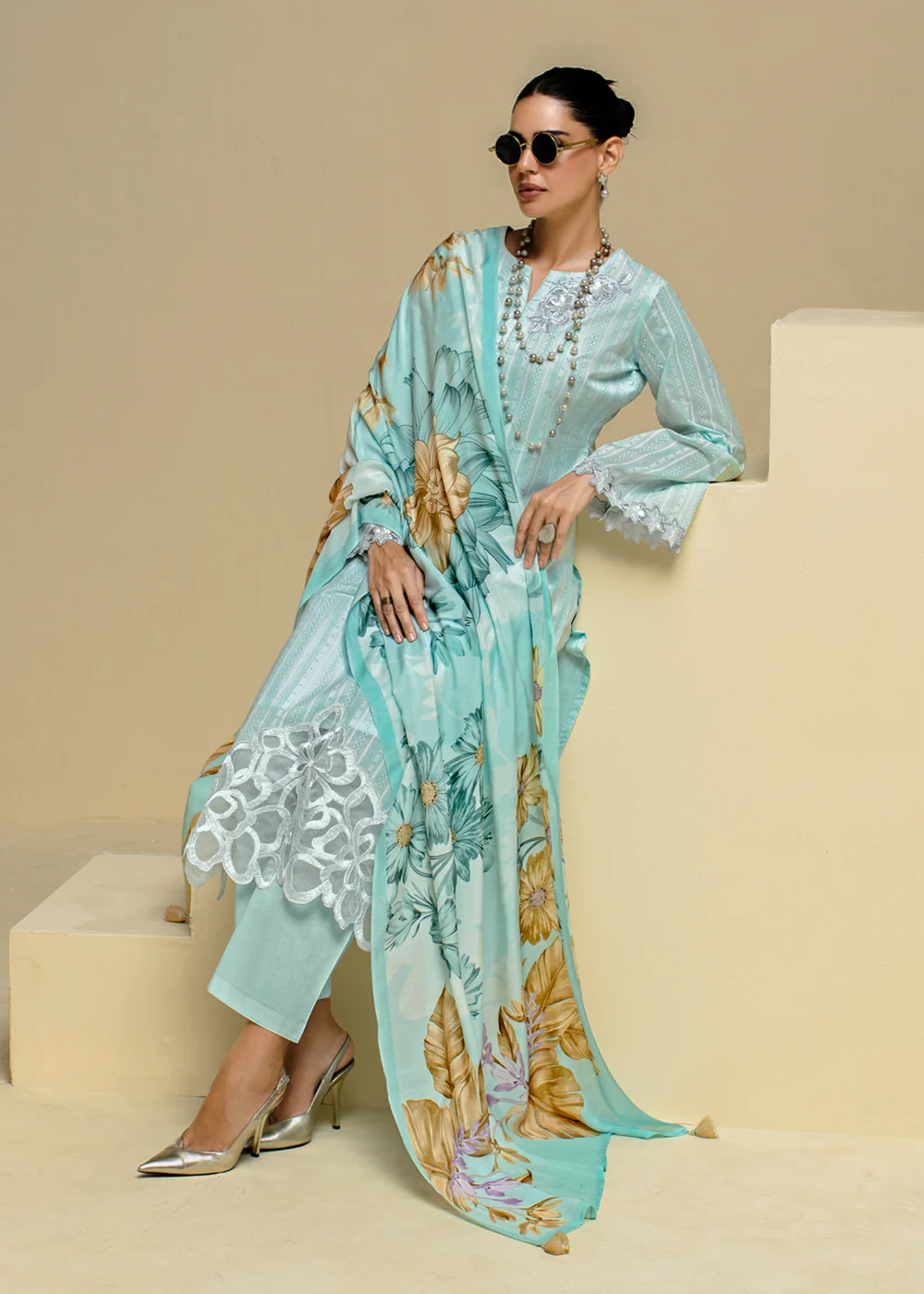 Blue Cotton Lawn Khadi Printed Festive Salwar Suit - Image 3