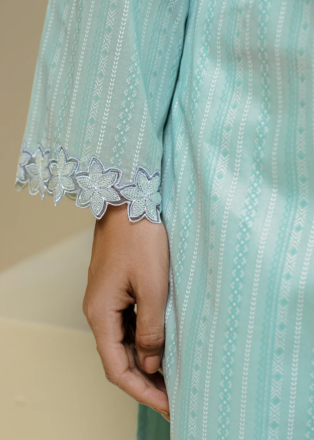 Blue Cotton Lawn Khadi Printed Festive Salwar Suit - Image 4