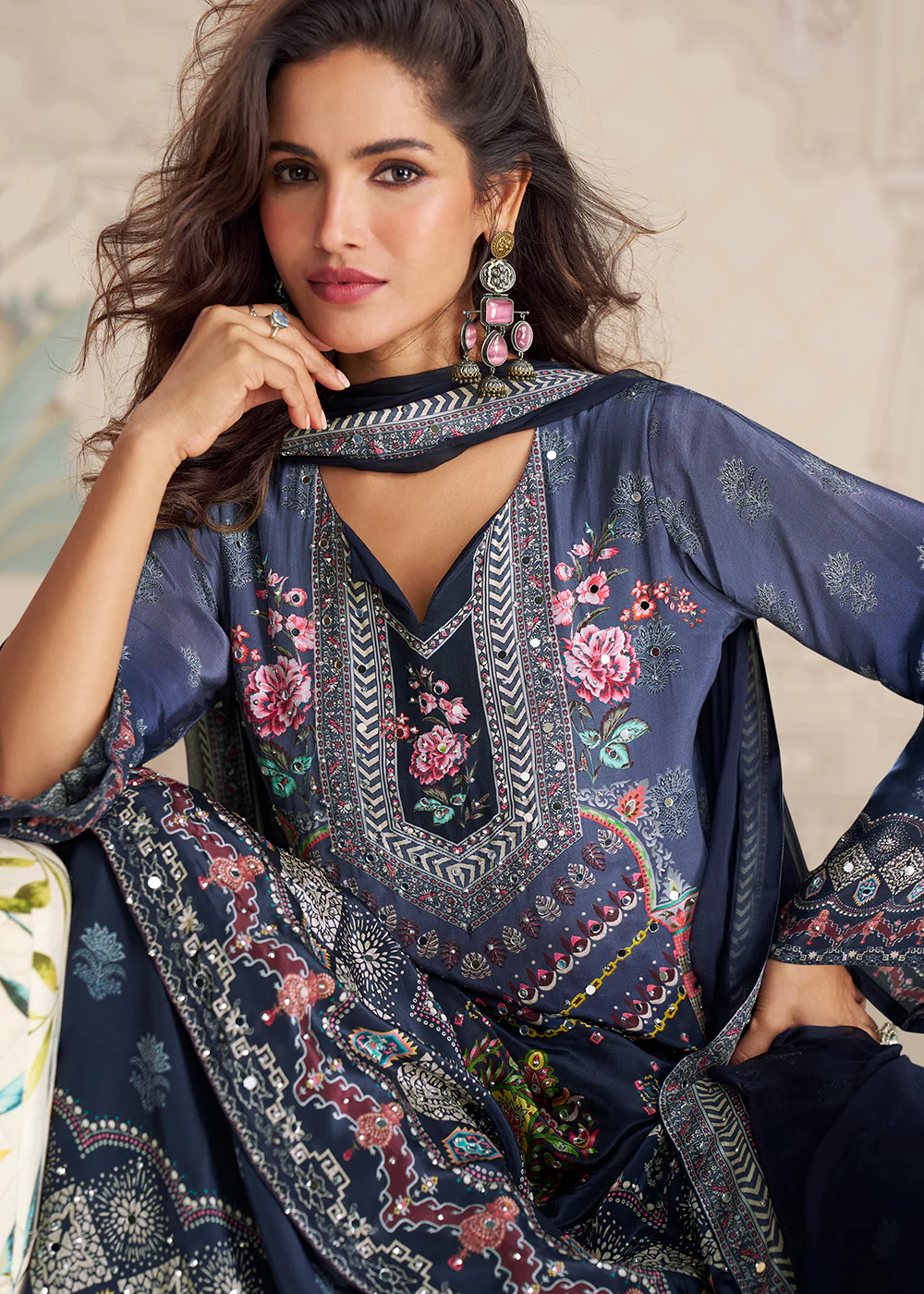Blue Crepe Silk Stylist Mirror Work Gharara Suit - Image 2