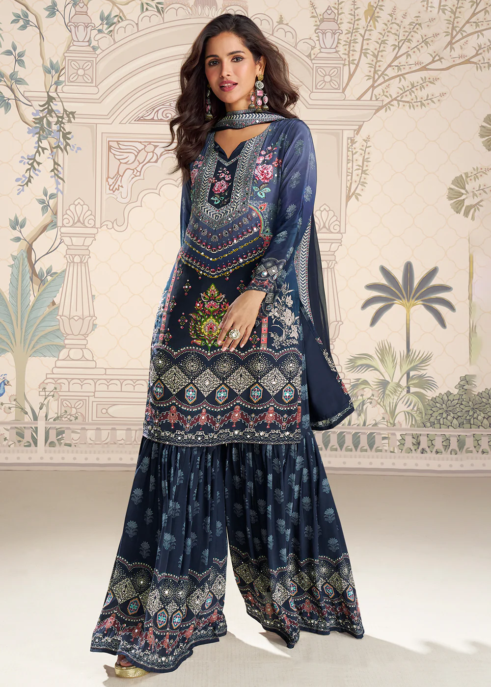 Blue Crepe Silk Stylist Mirror Work Gharara Suit - Image 3
