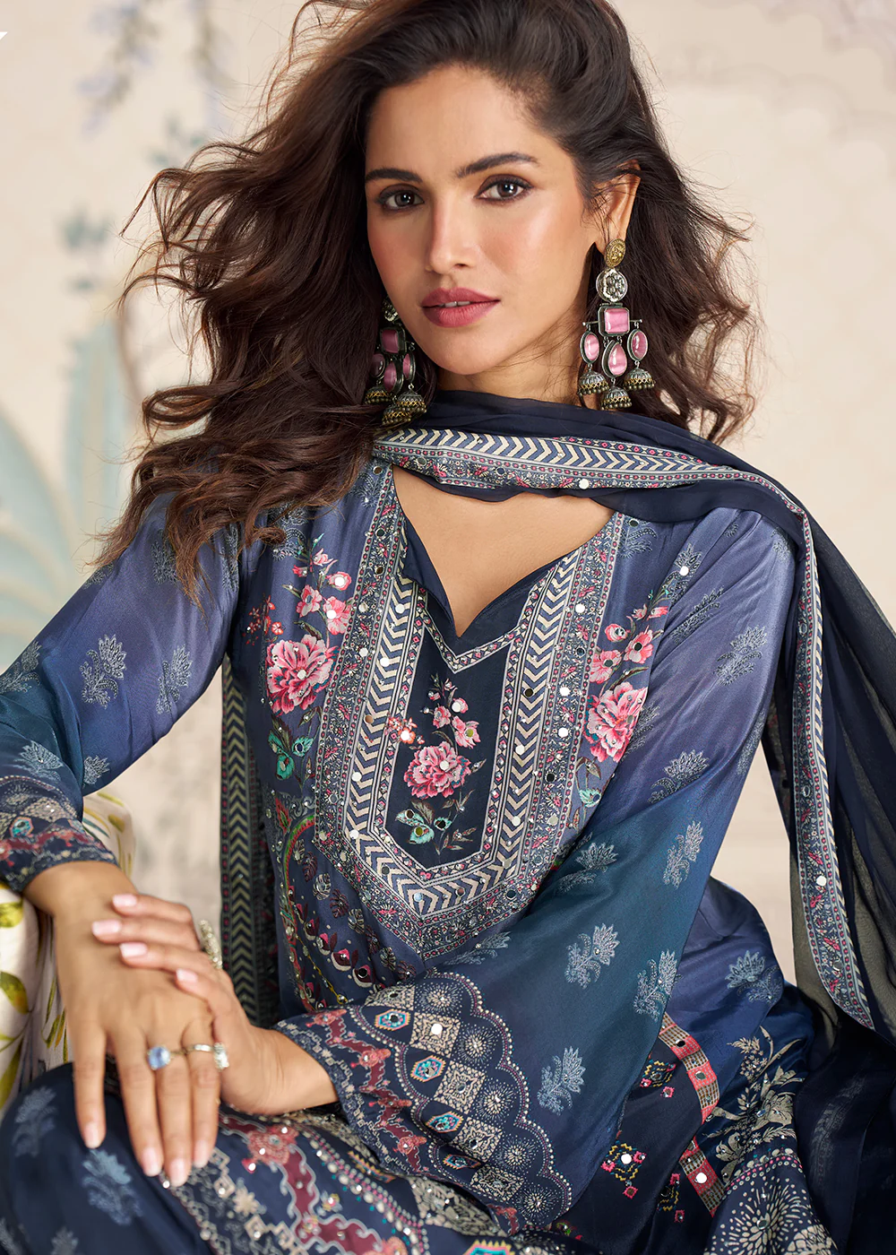 Blue Crepe Silk Stylist Mirror Work Gharara Suit - Image 4