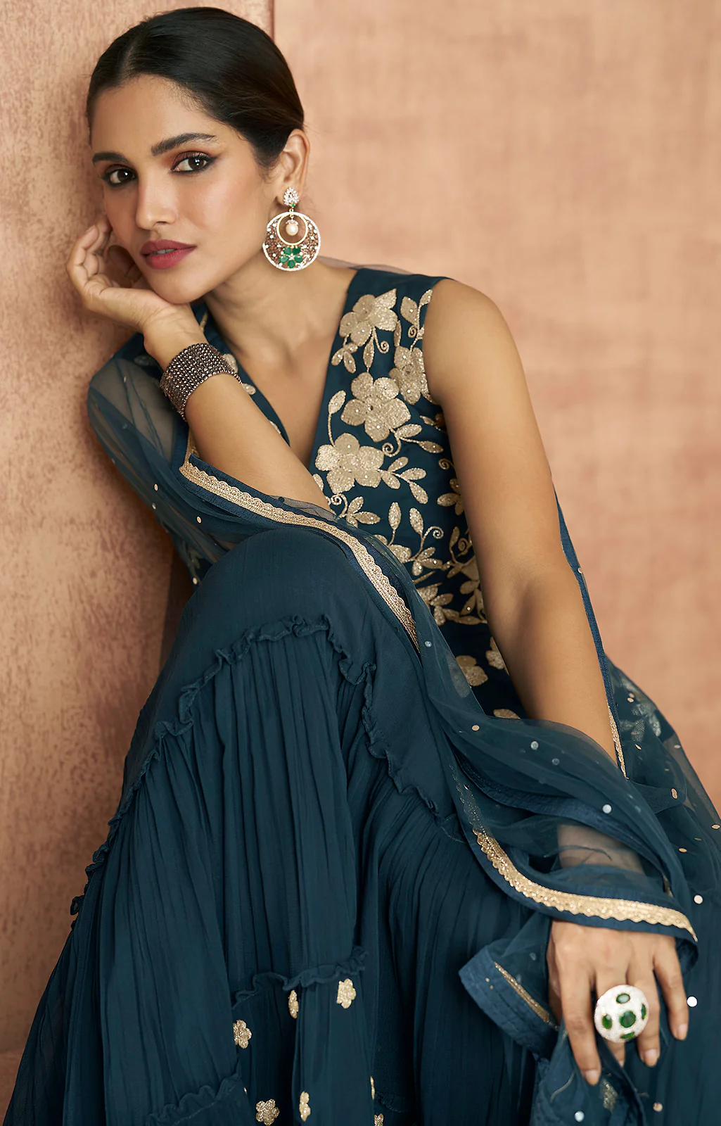 Blue Crop Top 3 Piece Georgette Indo-Western Palazzo Suit - Image 2