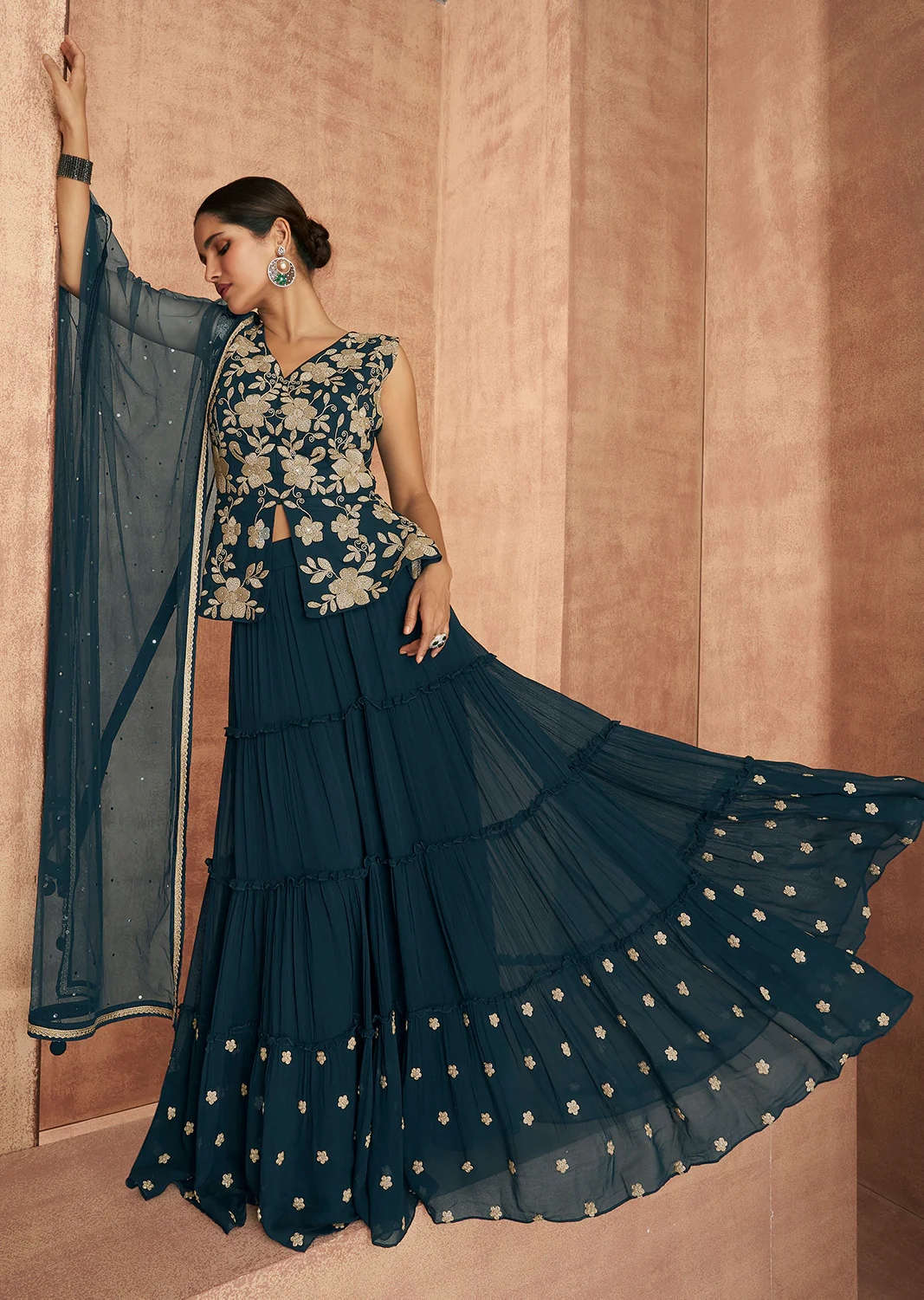 Blue Crop Top 3 Piece Georgette Indo-Western Palazzo Suit - Image 3
