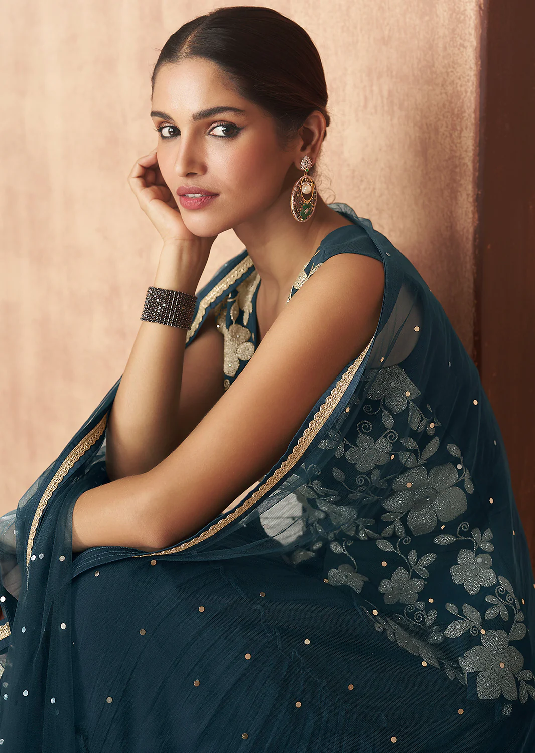 Blue Crop Top 3 Piece Georgette Indo-Western Palazzo Suit - Image 4
