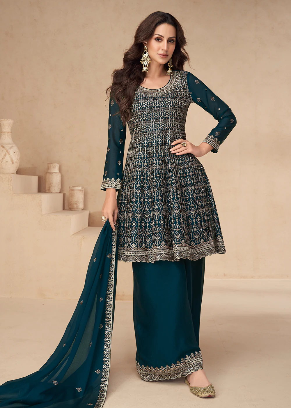 Blue Designer Style Embroidered Palazzo Style Dress