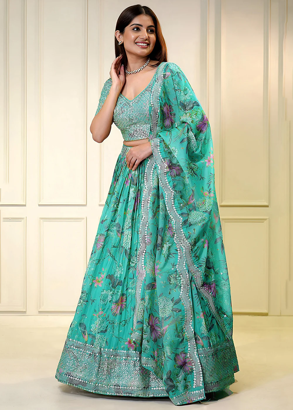 Blue Digital Floral Printed Organza Lehenga Choli