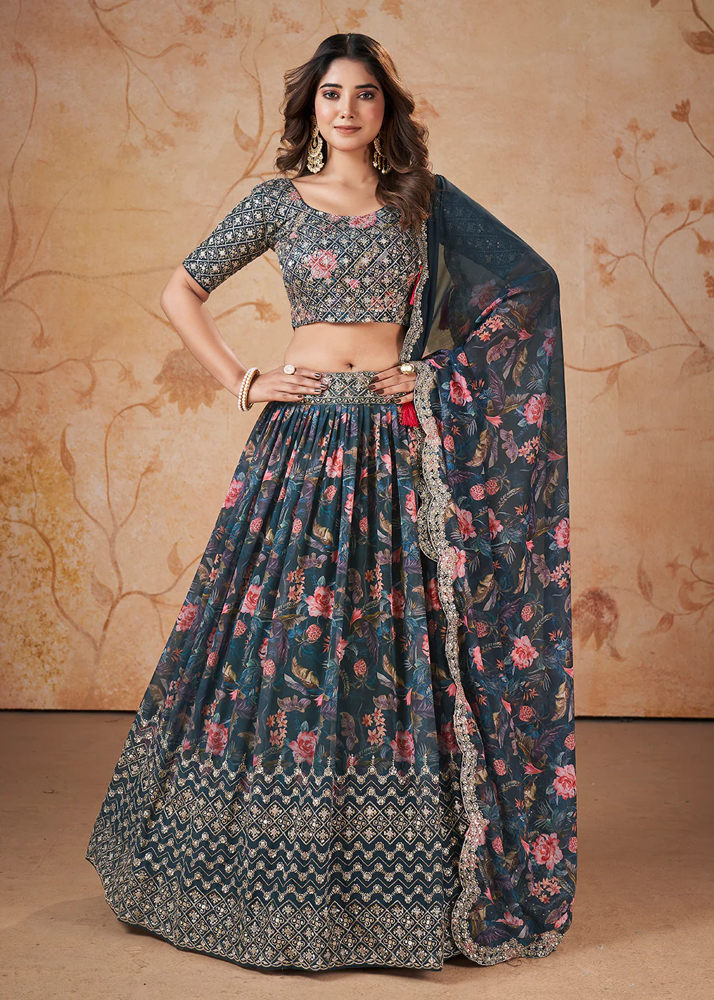 Blue Digital Print & Sequins Wedding Festive Lehenga Choli