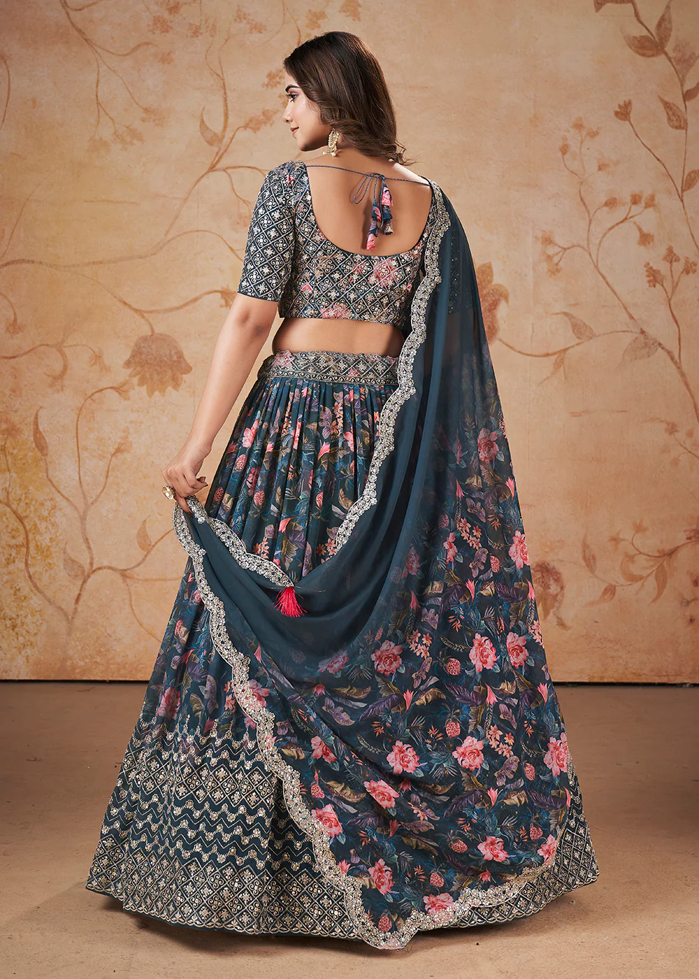 Blue Digital Print & Sequins Wedding Festive Lehenga Choli - Image 3