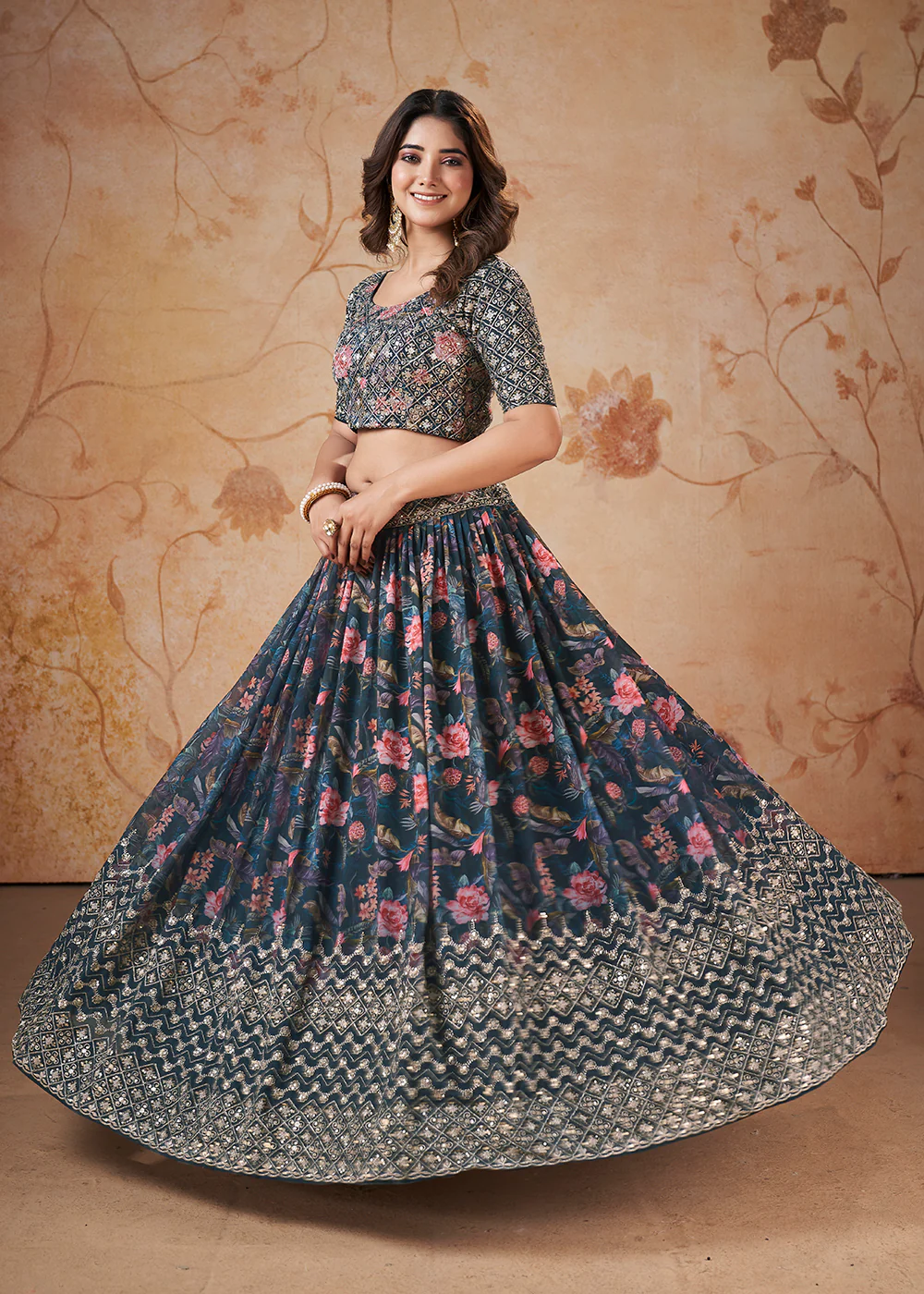 Blue Digital Print & Sequins Wedding Festive Lehenga Choli - Image 5