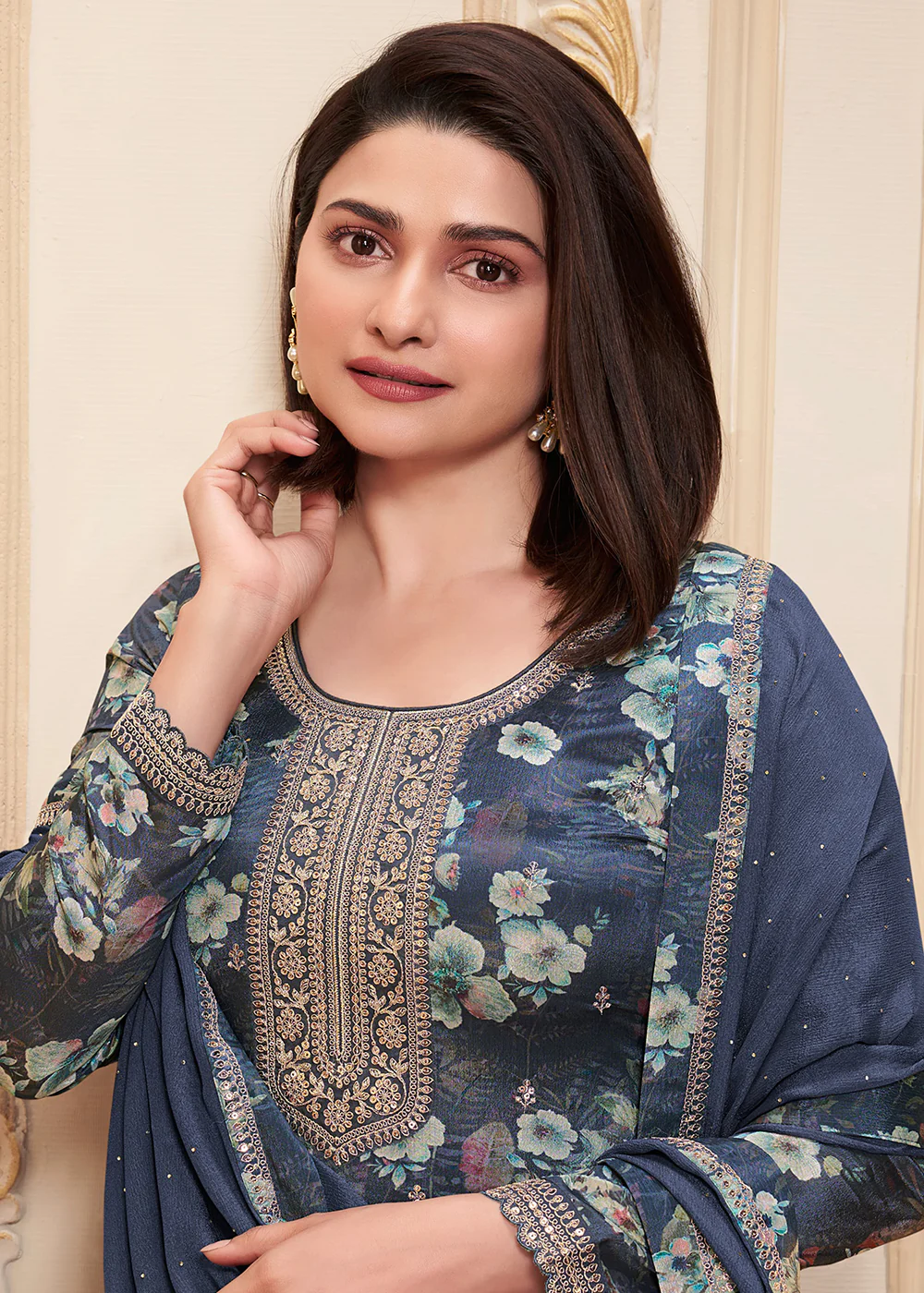 Blue Digital Printed Chinnon Festive Salwar Kameez - Image 2