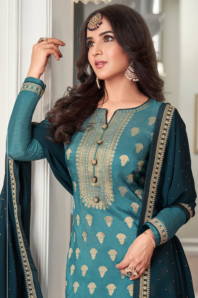 Blue Dola Jacquard Silk Festival Salwar Kameez - Image 3