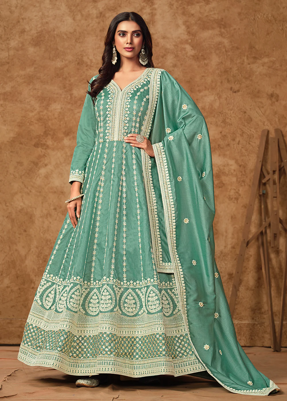 Blue Dola Silk Embroidered Eid Style Anarkali Suit