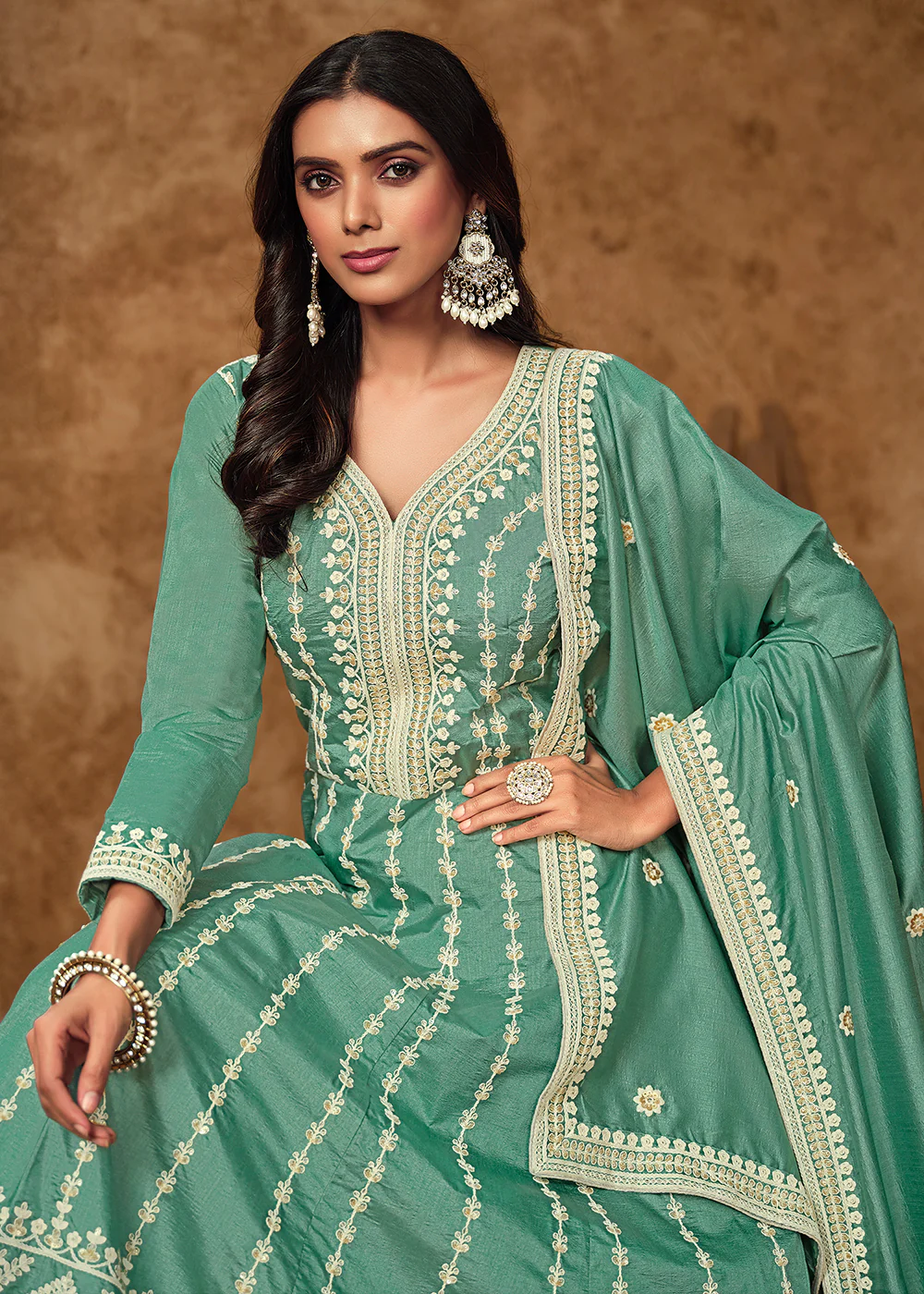 Blue Dola Silk Embroidered Eid Style Anarkali Suit - Image 2