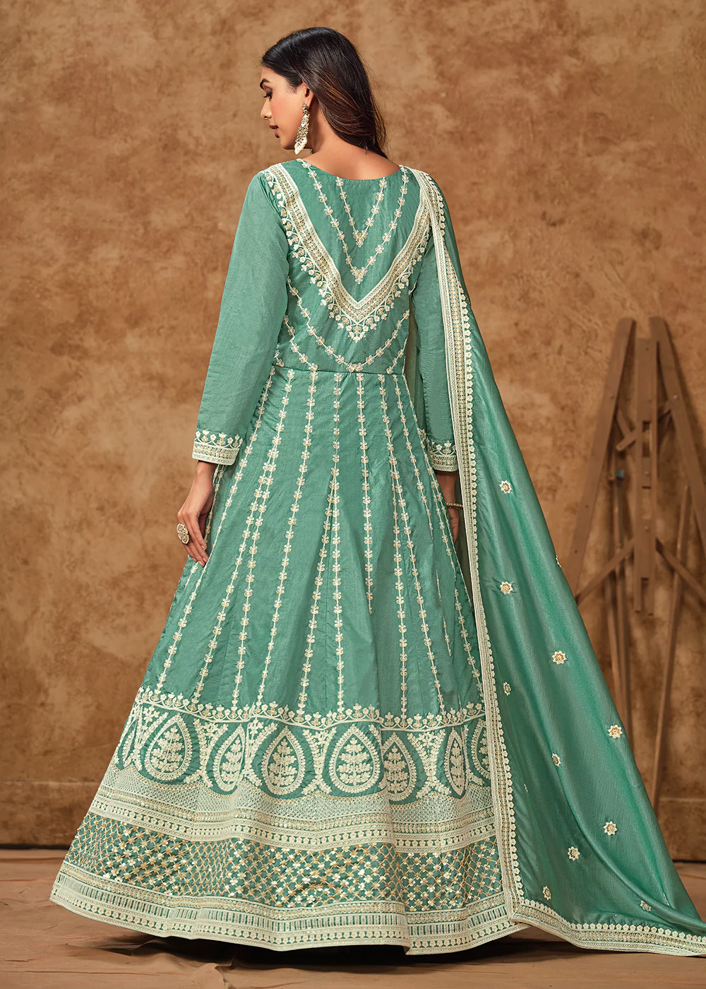 Blue Dola Silk Embroidered Eid Style Anarkali Suit - Image 3