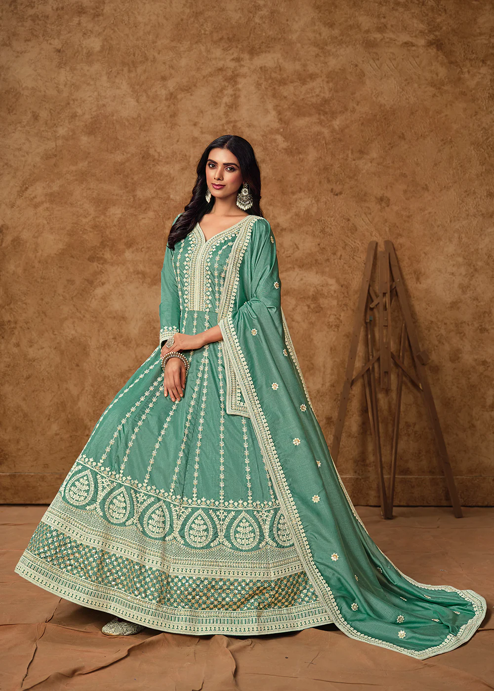 Blue Dola Silk Embroidered Eid Style Anarkali Suit - Image 4