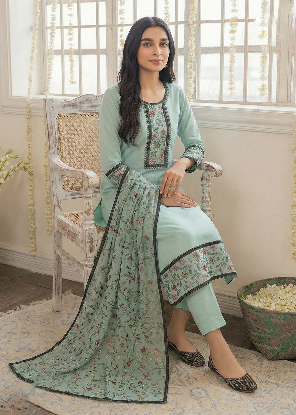 Blue Embroidered Casual & Festive Pant Style Suit - Image 3