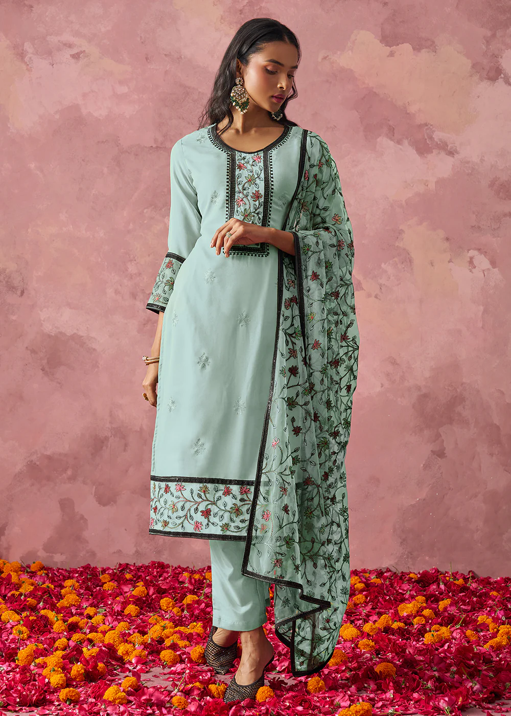 Blue Embroidered Casual & Festive Pant Style Suit