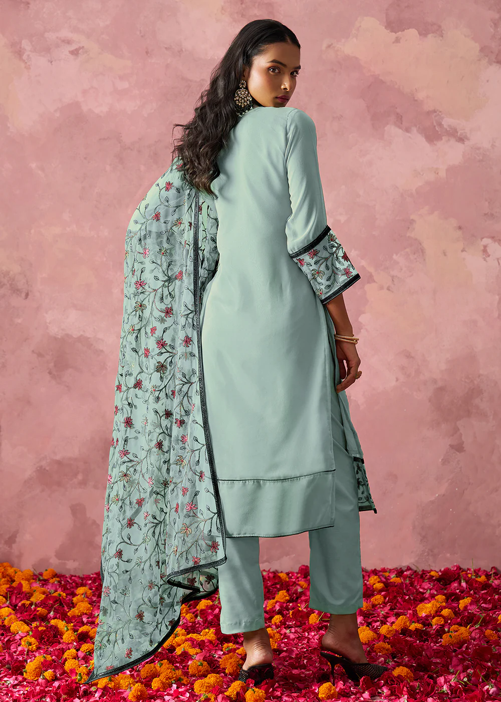Blue Embroidered Casual & Festive Pant Style Suit - Image 3