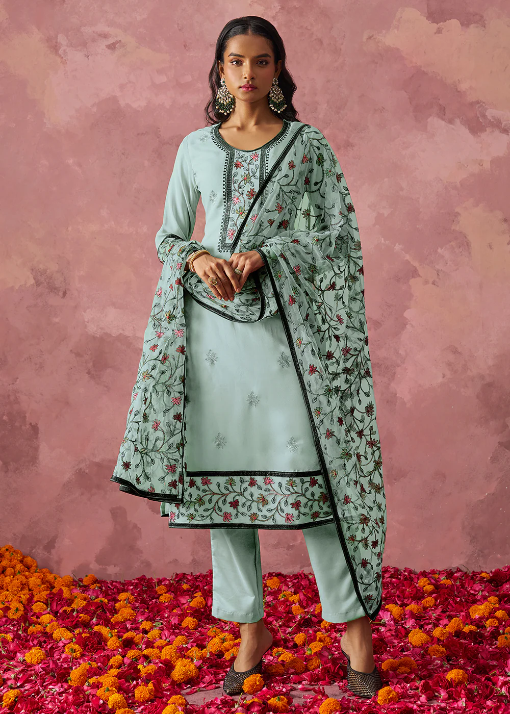 Blue Embroidered Casual & Festive Pant Style Suit - Image 4