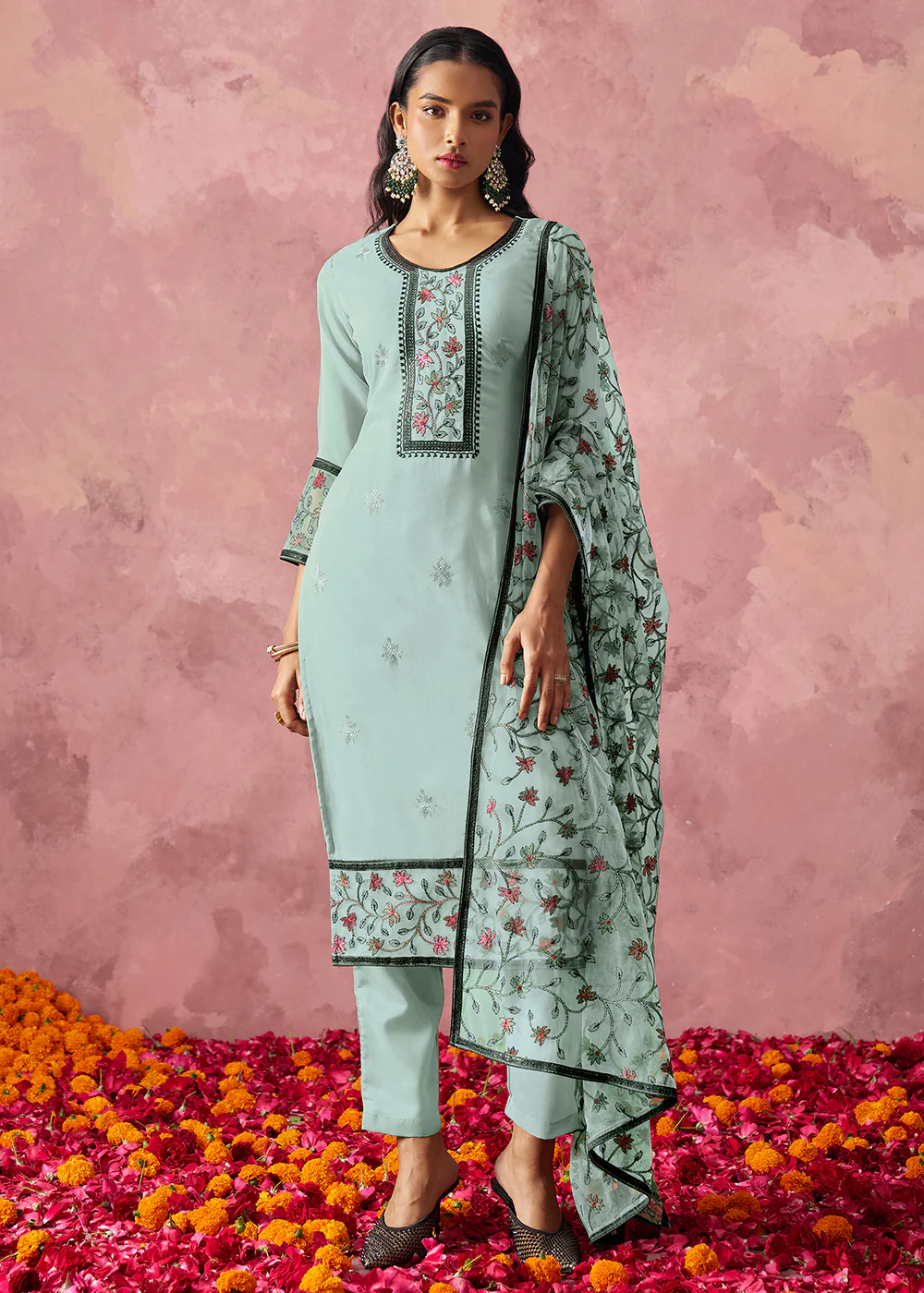 Blue Embroidered Casual & Festive Pant Style Suit - Image 5