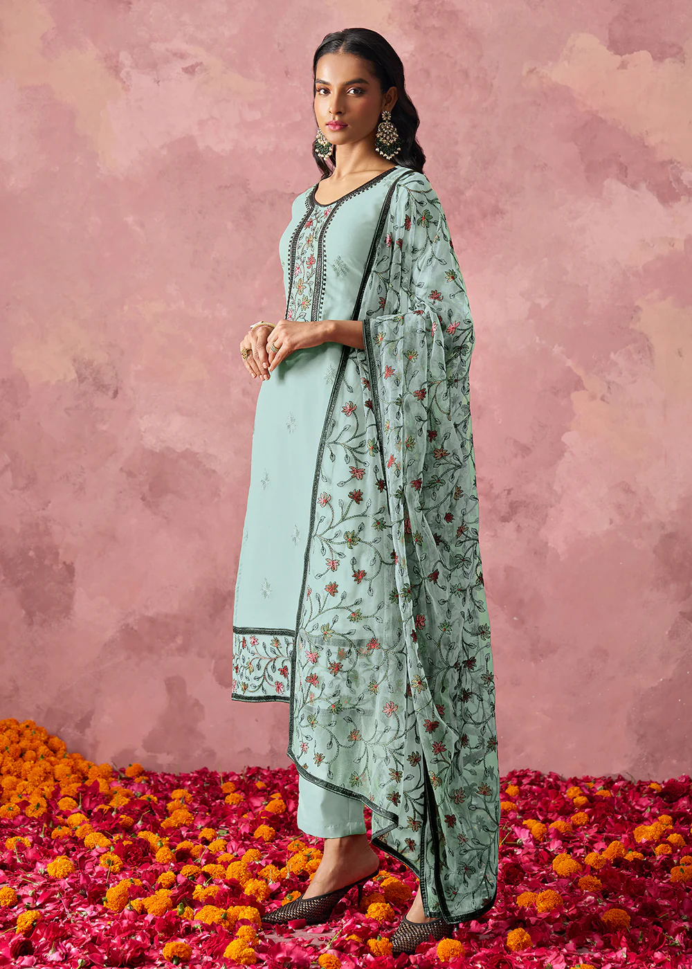 Blue Embroidered Casual & Festive Pant Style Suit - Image 6
