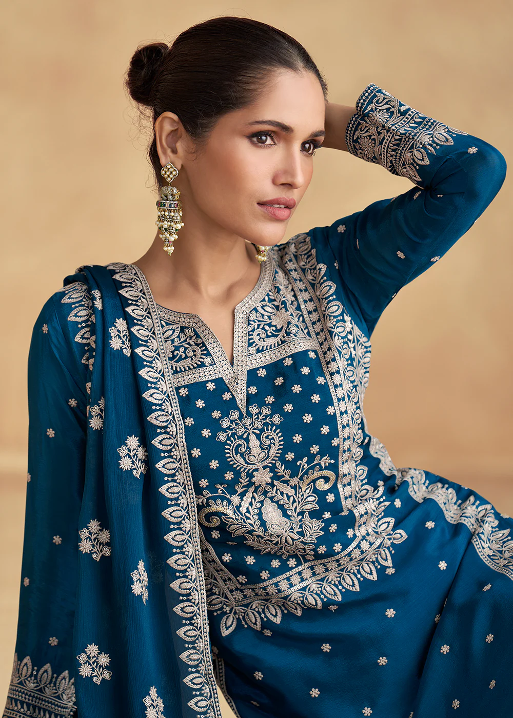 Blue Embroidered Chinnon Silk Designer Salwar Suit - Image 2