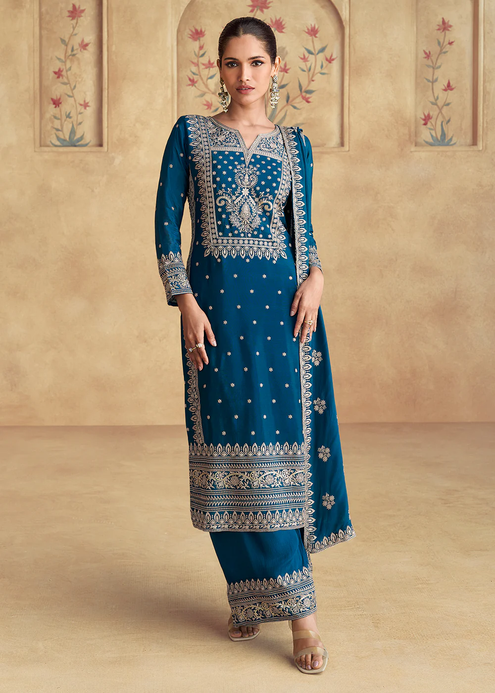 Blue Embroidered Chinnon Silk Designer Salwar Suit - Image 3