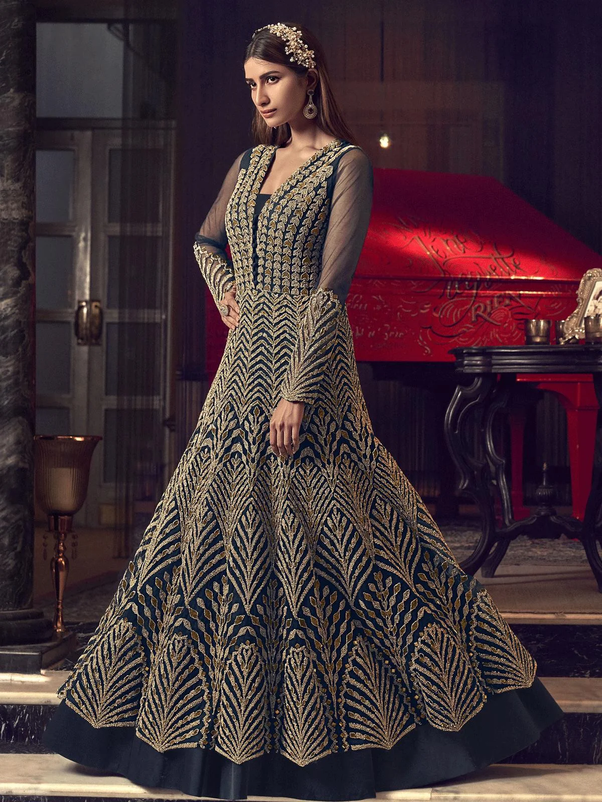 Blue Embroidered Jacket Style Anarkali Suit - Image 3