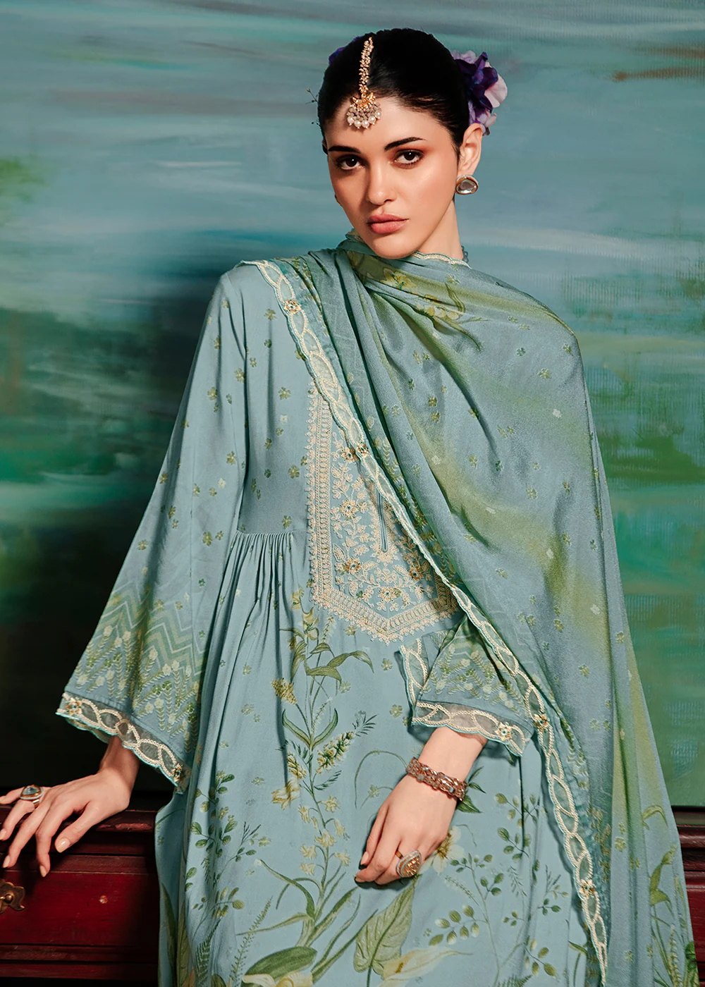 Blue Embroidered Muslin Festive Style Salwar Suit - Image 2