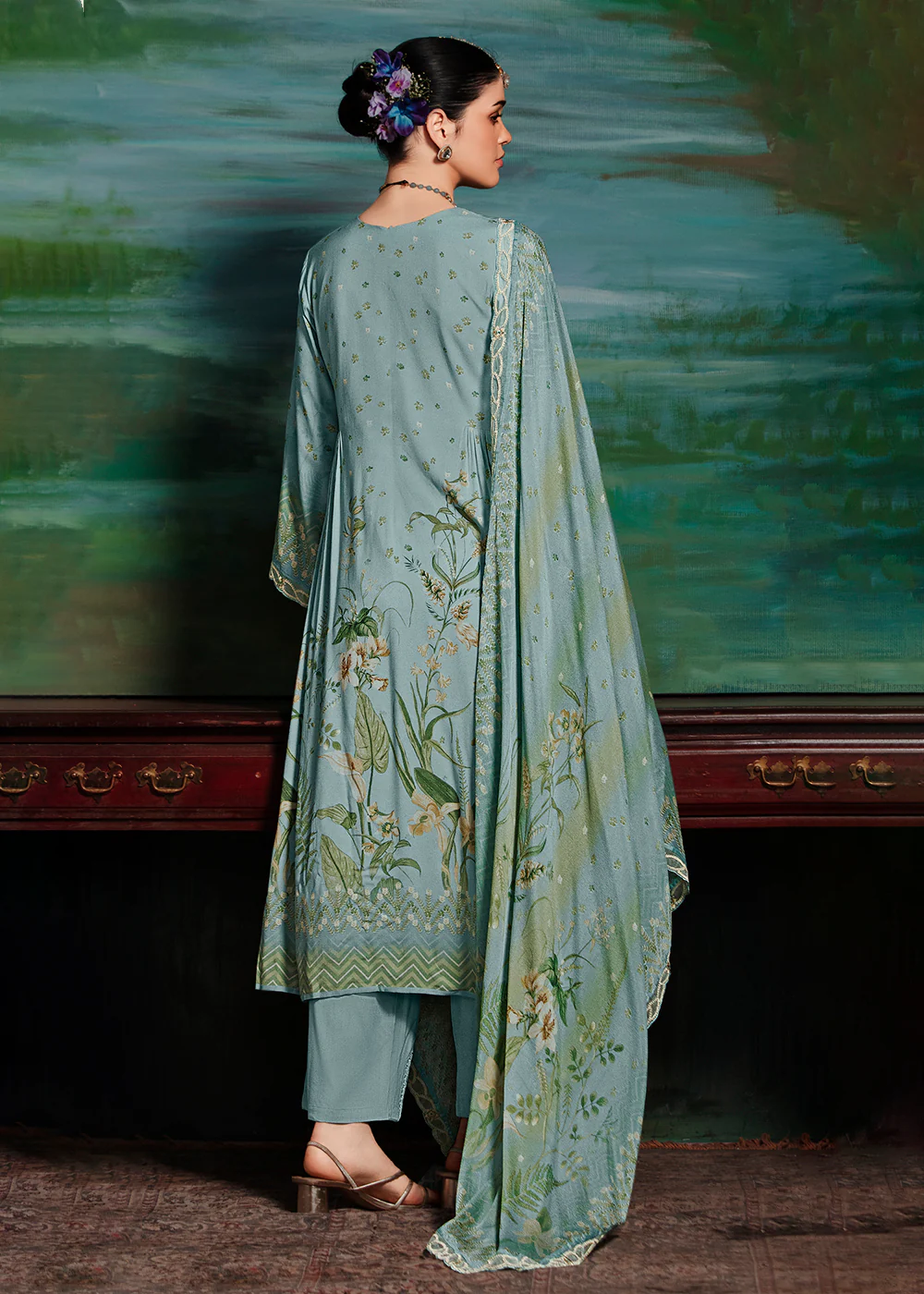 Blue Embroidered Muslin Festive Style Salwar Suit - Image 3