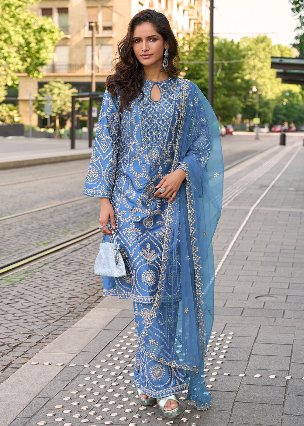 Blue Embroidered Shimmer Silk Festive Palazzo Suit