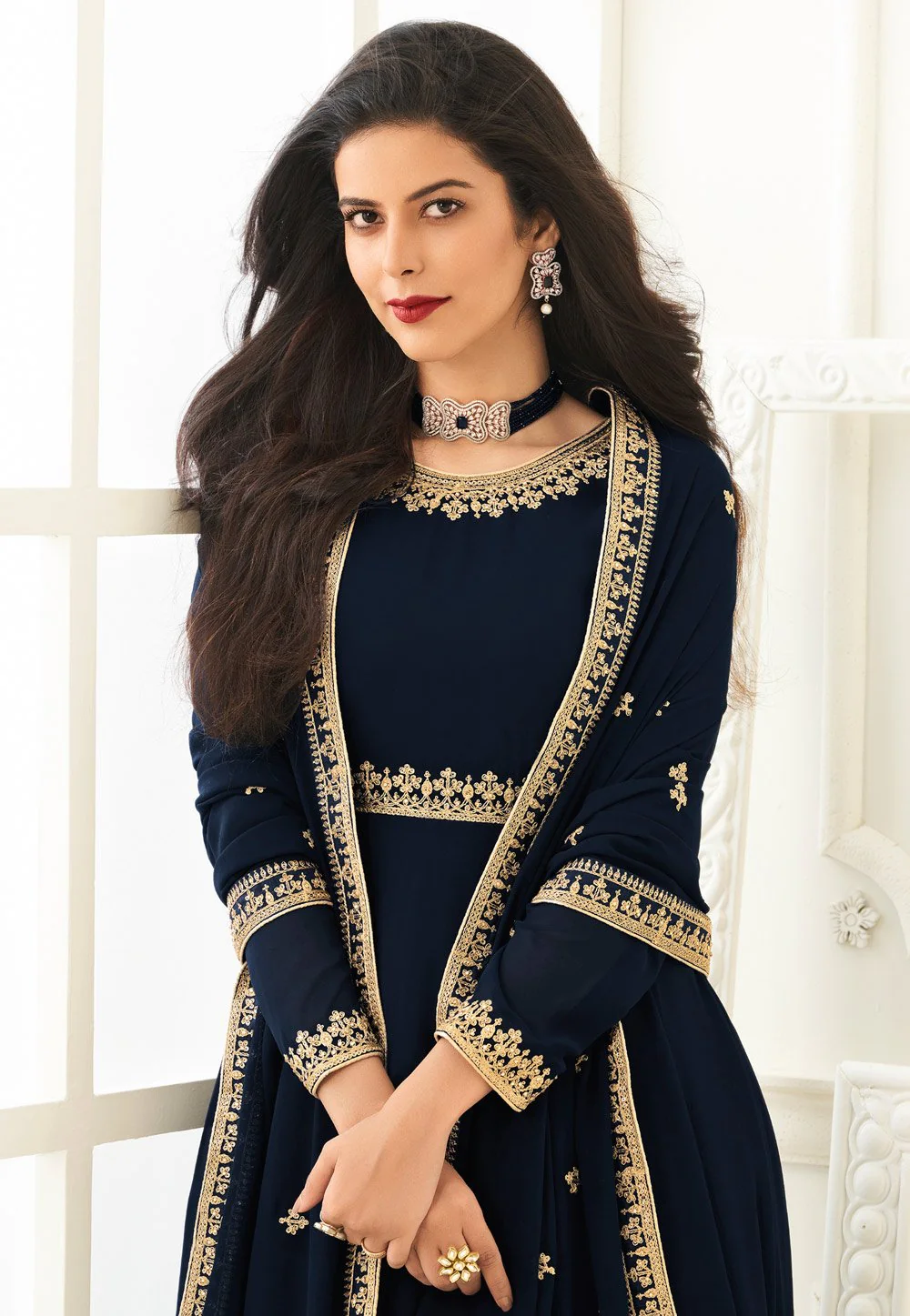 Blue Faux Georgette Embroidered Anarkali Suit - Image 2