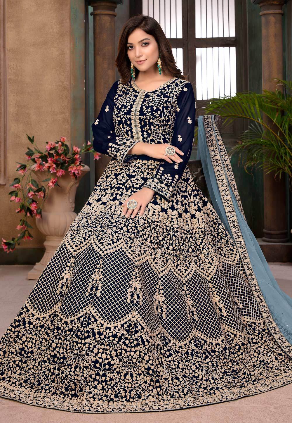 Blue Faux Georgette Floor Length Anarkali Suit - Image 3