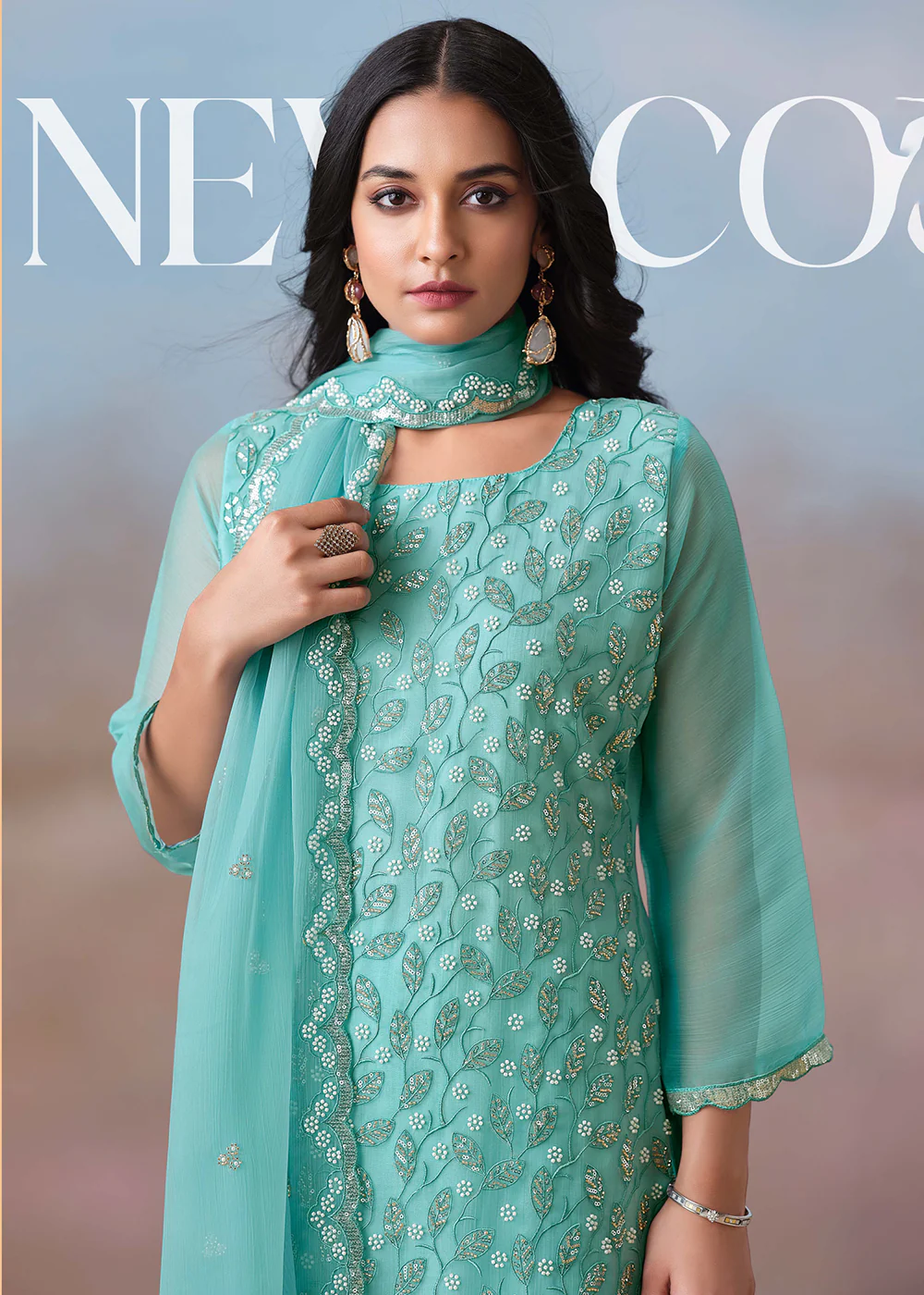 Blue Festive Style Beads Work Chiffon Salwar Suit - Image 2