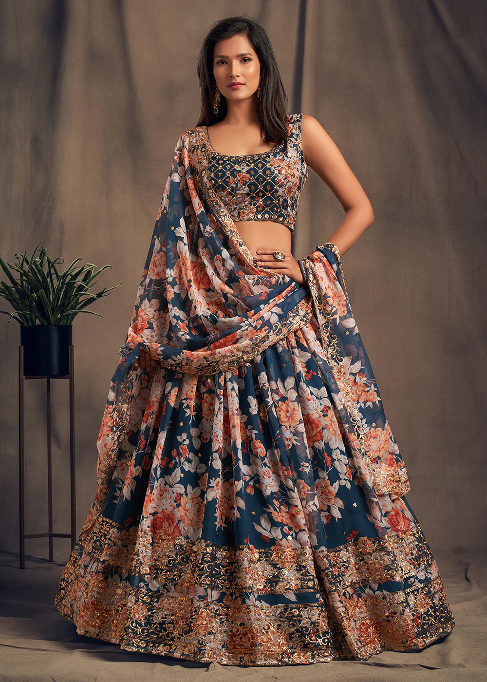Blue Floral Embroidered Organza Wedding Lehenga Choli