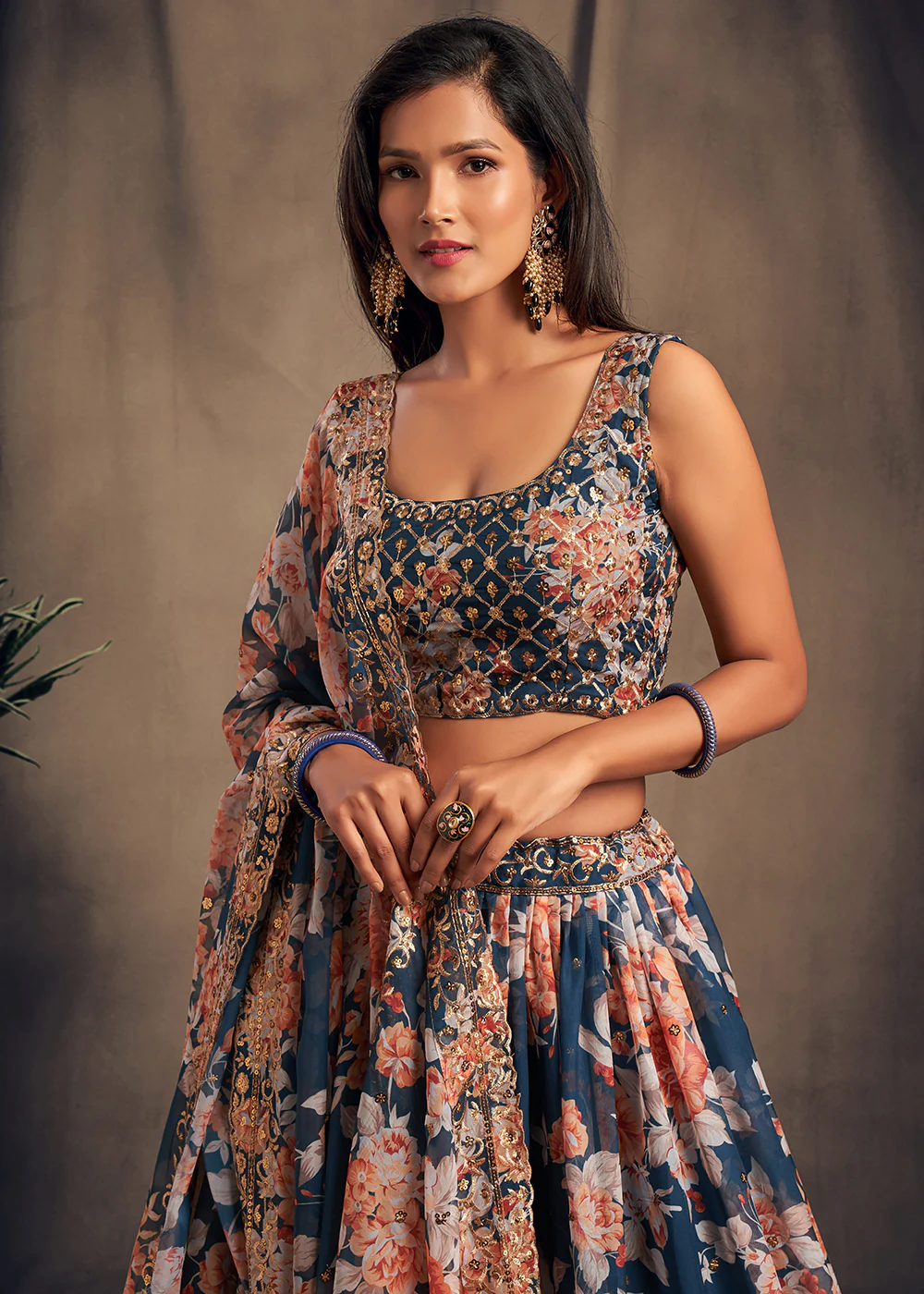 Blue Floral Embroidered Organza Wedding Lehenga Choli - Image 2