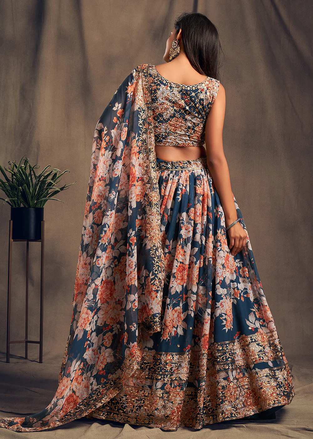 Blue Floral Embroidered Organza Wedding Lehenga Choli - Image 3